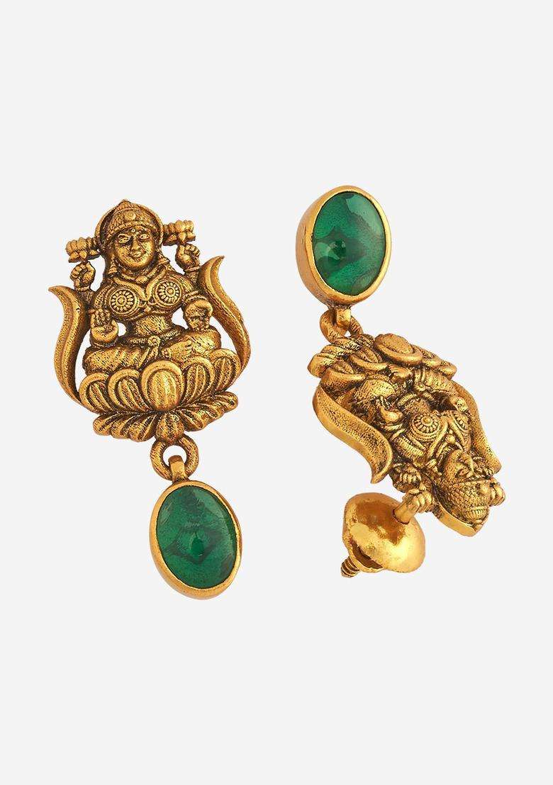 92.5 Pure Silver Green Oxidised Gold-Plated Studs Earrings for Women | Traditional Temple Jewellery for Wedding & Festive Wear | Gift for Her - Indya