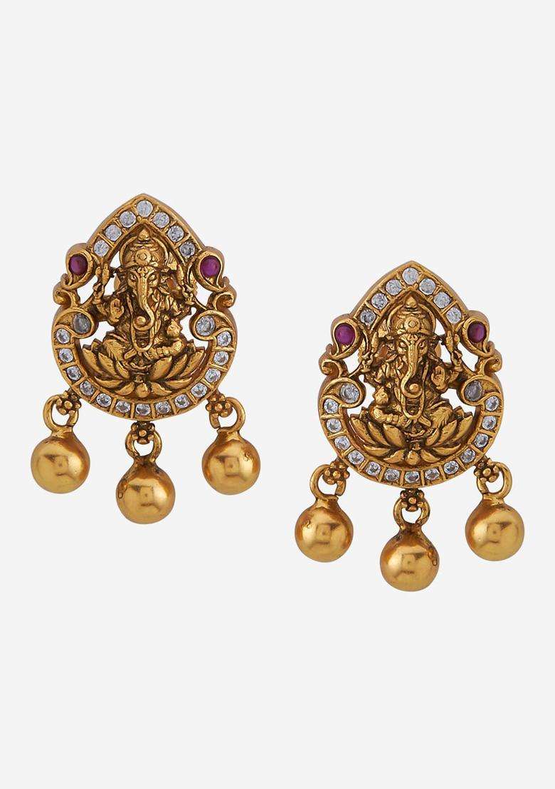 Embellished Bridal Gold-Plated 92.5 Silver Temple Studs for Women | Traditional Temple Jewellery for Wedding & Festive Wear | Gift for Her - Indya
