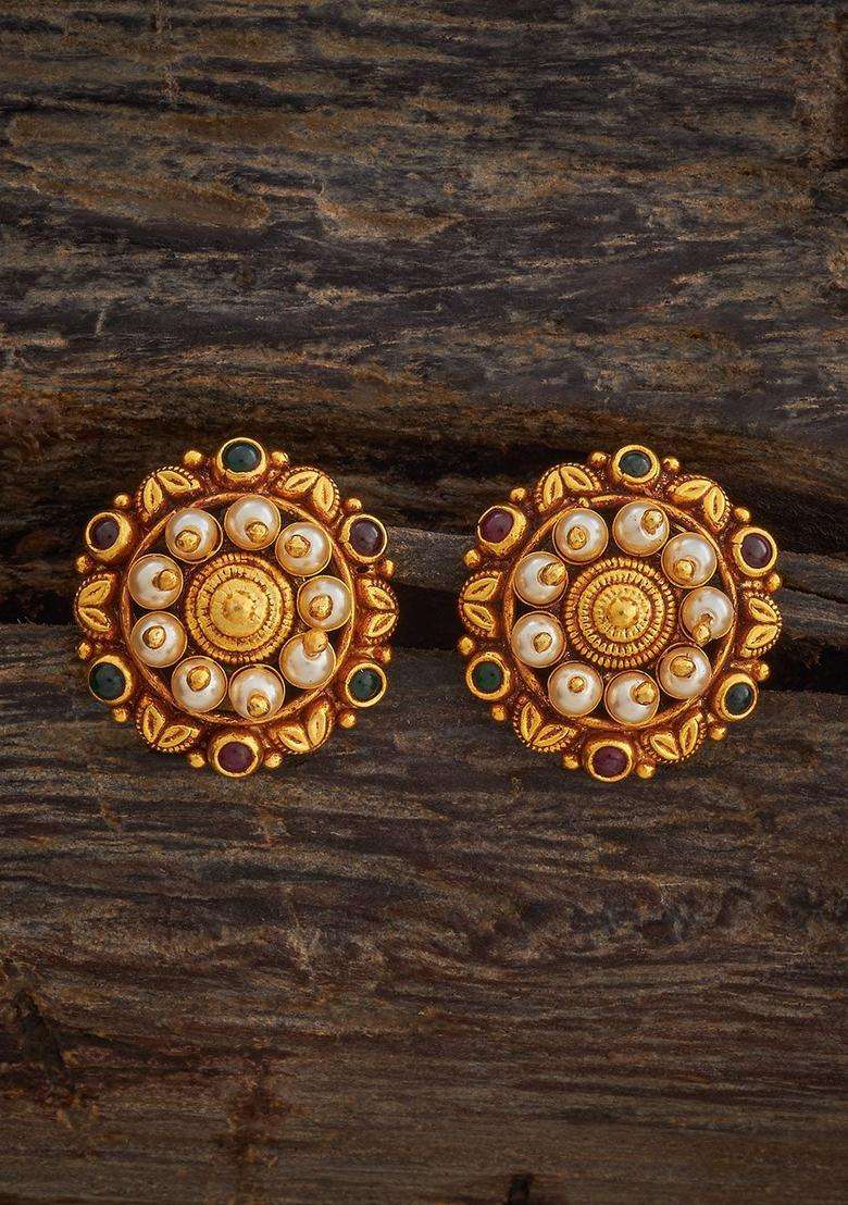 Embellished Bridal 92.5 Gold-Plated Contemporary Studs for Women | Traditional Temple Jewellery for Wedding & Festive Wear | Gift for Her - Indya