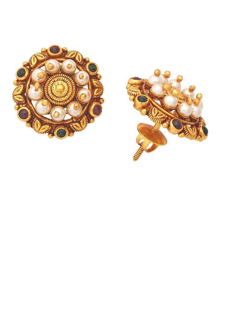 Embellished Bridal 92.5 Gold-Plated Contemporary Studs for Women | Traditional Temple Jewellery for Wedding & Festive Wear | Gift for Her - Indya