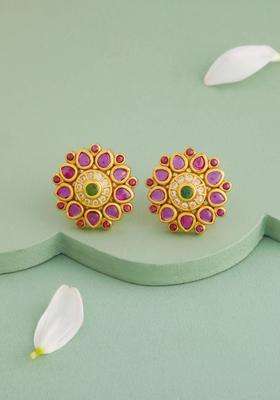 Gold-Plated Floral Studs Earrings for Women | Traditional Temple Jewellery for Wedding & Festive Wear | Gift for Her