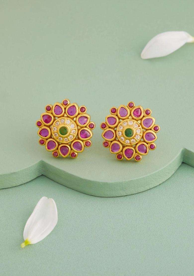 Gold-Plated Floral Studs Earrings for Women | Traditional Temple Jewellery for Wedding & Festive Wear | Gift for Her - Indya