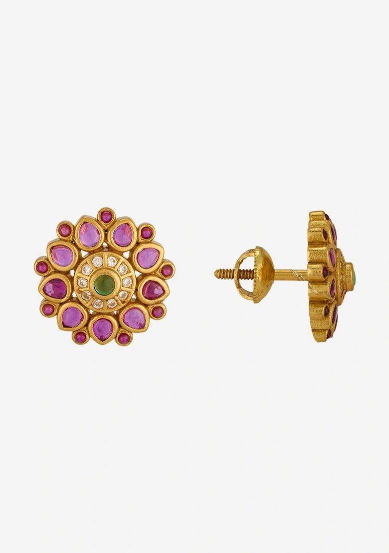 Gold-Plated Floral Studs Earrings for Women | Traditional Temple Jewellery for Wedding & Festive Wear | Gift for Her - Indya