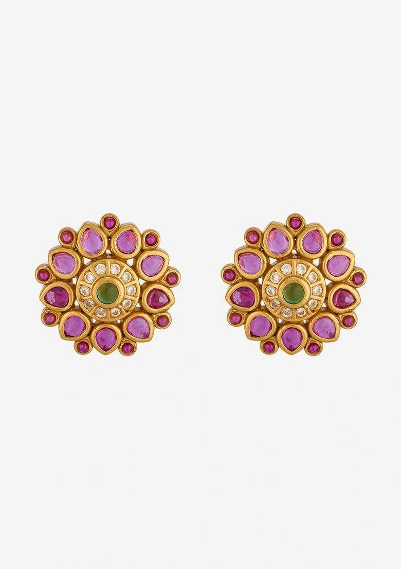 Gold-Plated Floral Studs Earrings for Women | Traditional Temple Jewellery for Wedding & Festive Wear | Gift for Her - Indya