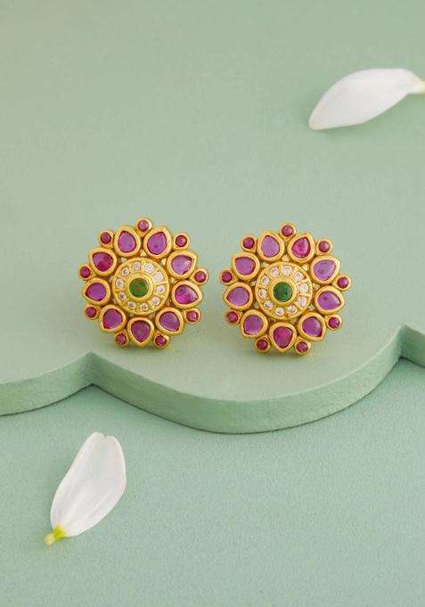 Gold-Plated Floral Studs Earrings for Women | Traditional Temple Jewellery for Wedding & Festive Wear | Gift for Her