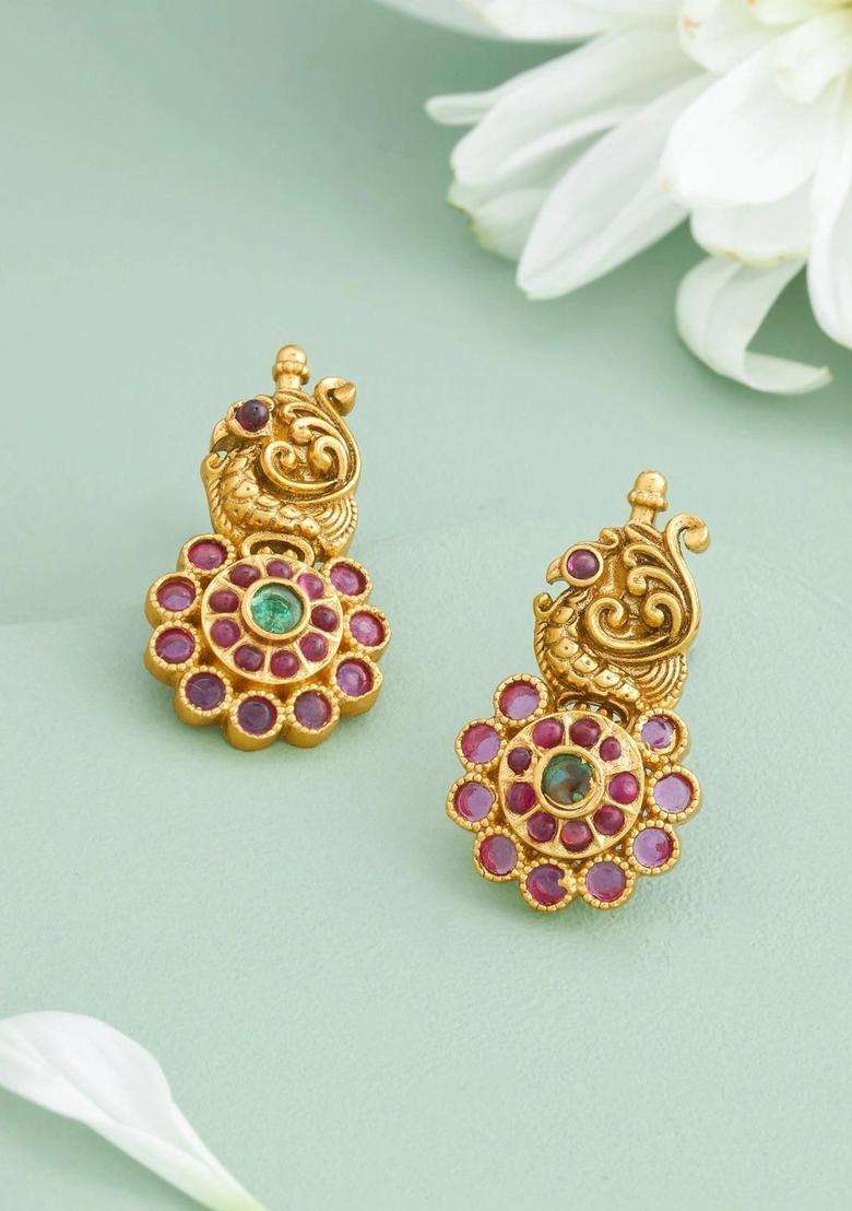 Gold-Plated Peacock Shaped Studs Earrings for Women | Traditional Temple Jewellery for Wedding & Festive Wear | Gift for Her - Indya