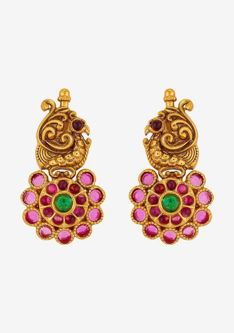 Gold-Plated Peacock Shaped Studs Earrings for Women | Traditional Temple Jewellery for Wedding & Festive Wear | Gift for Her - Indya
