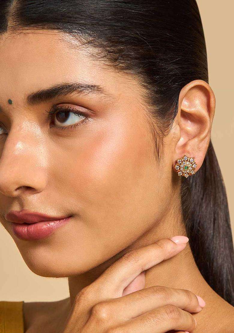 Gold-Plated Embellished Bridal 92.5 Silver Floral Zircon Studded Earrings with CZ Stone for Women | Traditional Temple Jewellery for Wedding & Festive Wear | Gift for Her - Indya