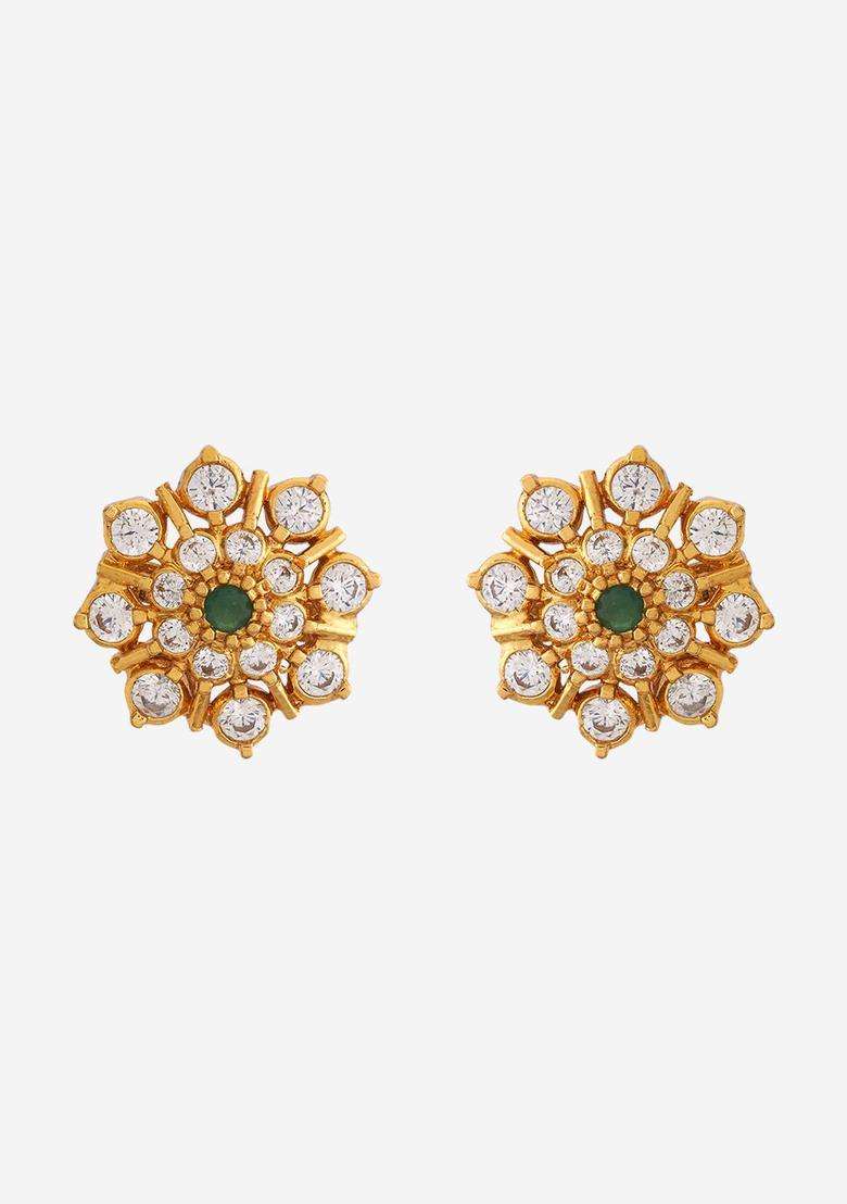 Gold-Plated Embellished Bridal 92.5 Silver Floral Zircon Studded Earrings with CZ Stone for Women | Traditional Temple Jewellery for Wedding & Festive Wear | Gift for Her - Indya