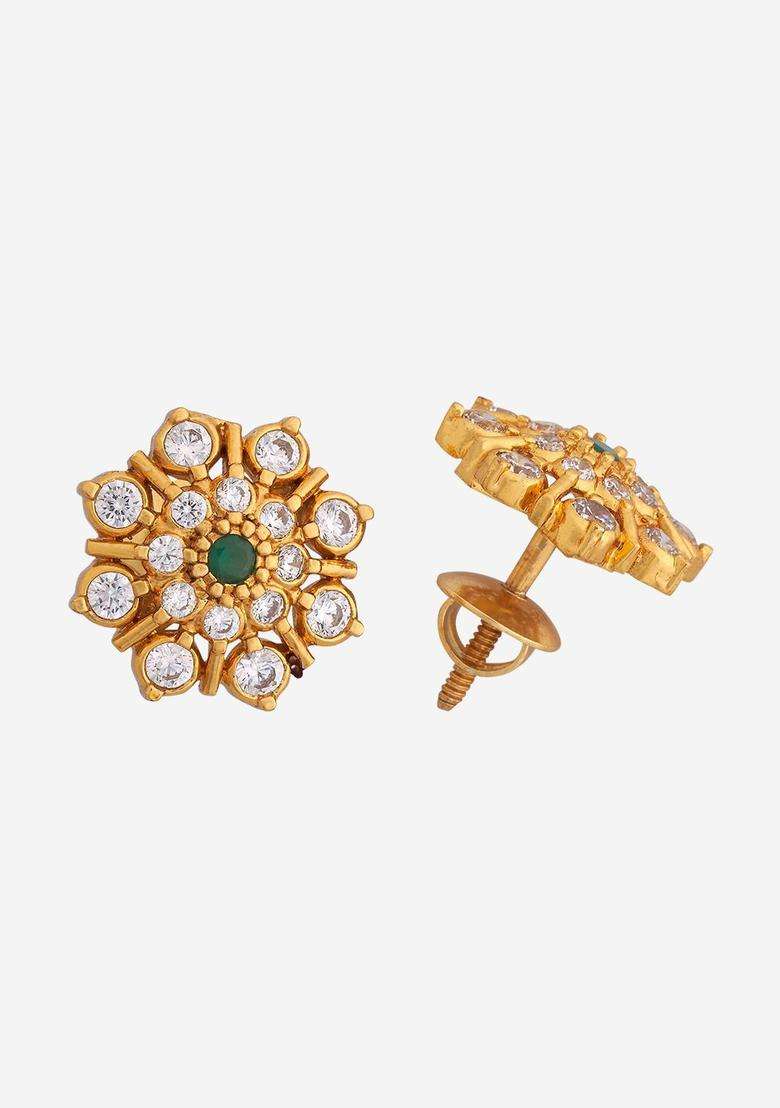 Gold-Plated Embellished Bridal 92.5 Silver Floral Zircon Studded Earrings with CZ Stone for Women | Traditional Temple Jewellery for Wedding & Festive Wear | Gift for Her - Indya