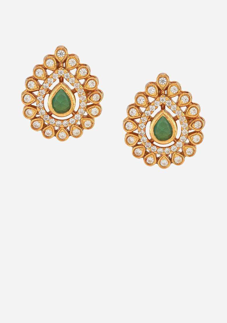 92.5 Silver Gold-Plated Artificial Stones Studs for Women | Traditional Temple Jewellery for Wedding & Festive Wear | Gift for Her - Indya