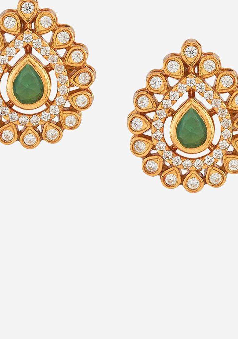 92.5 Silver Gold-Plated Artificial Stones Studs for Women | Traditional Temple Jewellery for Wedding & Festive Wear | Gift for Her - Indya