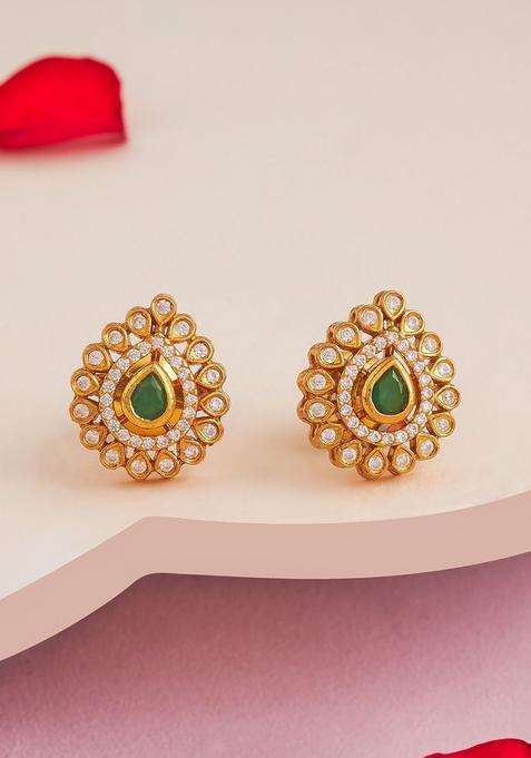 92.5 Silver Gold-Plated Artificial Stones Studs for Women | Traditional Temple Jewellery for Wedding & Festive Wear | Gift for Her