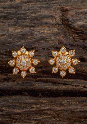 White 92.5 Pure Silver Gold-Plated Artificial Stones Studs Earrings for Women | Traditional Temple Jewellery for Wedding & Festive Wear | Gift for Her