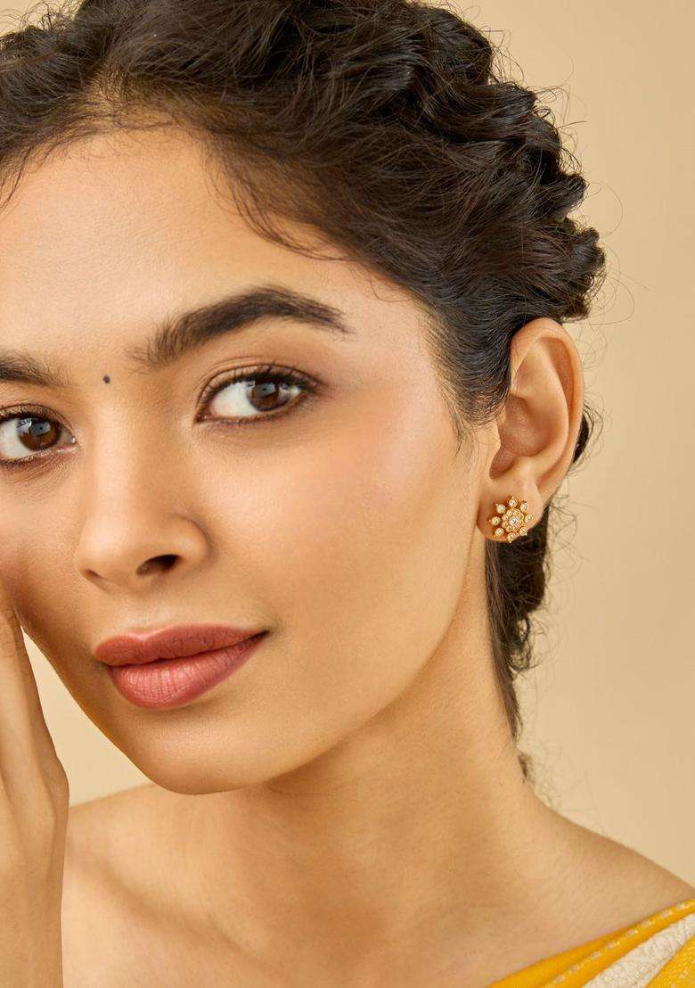 White 92.5 Pure Silver Gold-Plated Artificial Stones Studs Earrings for Women | Traditional Temple Jewellery for Wedding & Festive Wear | Gift for Her - Indya