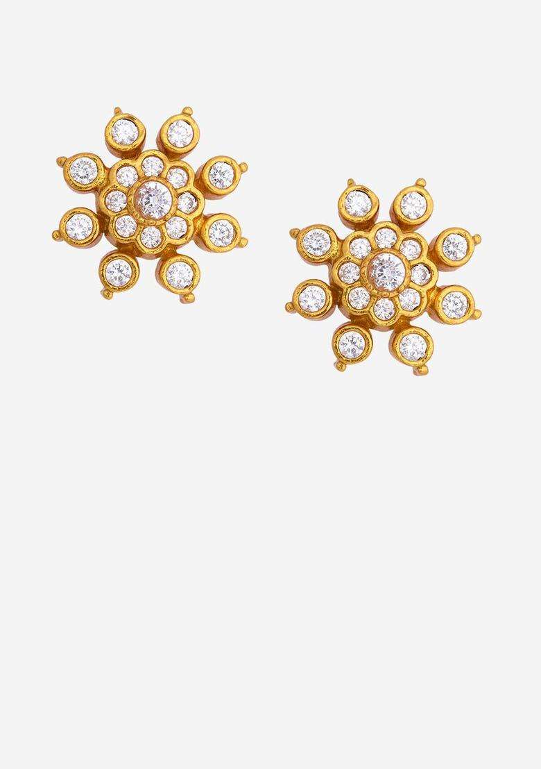 White 92.5 Pure Silver Gold-Plated Artificial Stones Studs Earrings for Women | Traditional Temple Jewellery for Wedding & Festive Wear | Gift for Her - Indya