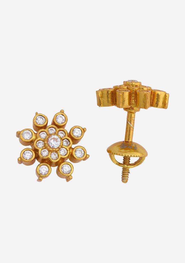 White 92.5 Pure Silver Gold-Plated Artificial Stones Studs Earrings for Women | Traditional Temple Jewellery for Wedding & Festive Wear | Gift for Her - Indya