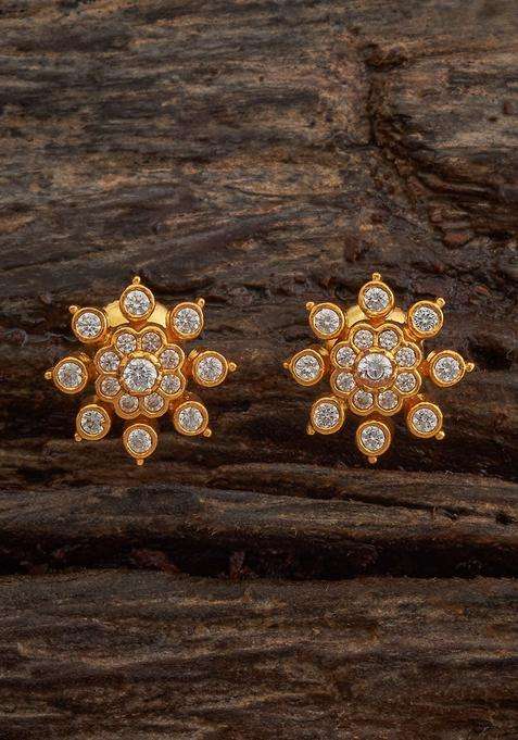 White 92.5 Pure Silver Gold-Plated Artificial Stones Studs Earrings for Women | Traditional Temple Jewellery for Wedding & Festive Wear | Gift for Her