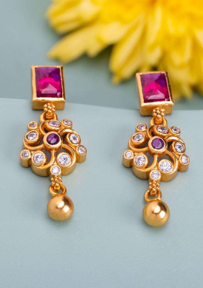 92.5 Pure Silver Gold-Plated Contemporary Ruby Drop Ethnic Earrings for Women | Traditional Temple Jewellery for Wedding & Festive Wear | Gift for Her - Indya