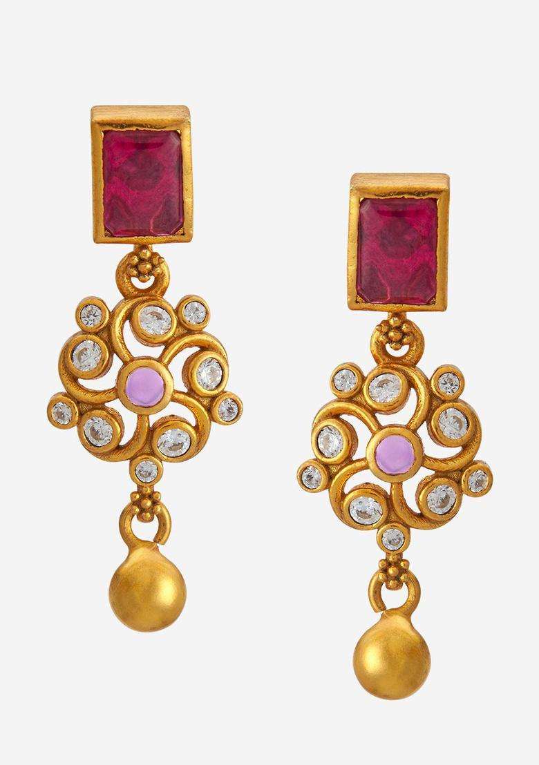 92.5 Pure Silver Gold-Plated Contemporary Ruby Drop Ethnic Earrings for Women | Traditional Temple Jewellery for Wedding & Festive Wear | Gift for Her - Indya