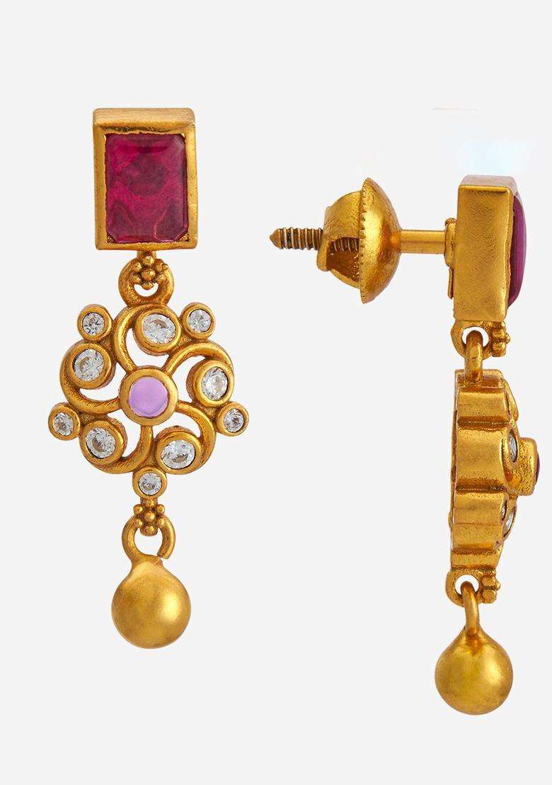 92.5 Pure Silver Gold-Plated Contemporary Ruby Drop Ethnic Earrings for Women | Traditional Temple Jewellery for Wedding & Festive Wear | Gift for Her - Indya