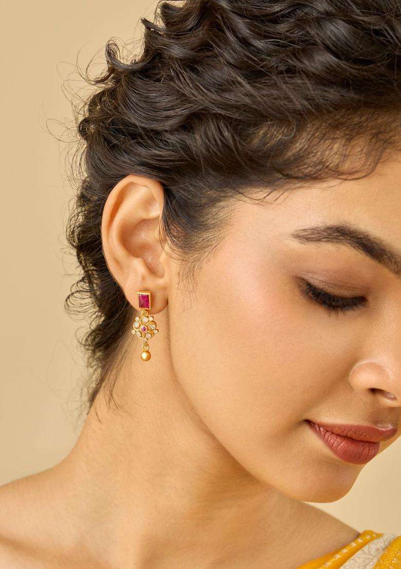 92.5 Pure Silver Gold-Plated Contemporary Ruby Drop Ethnic Earrings for Women | Traditional Temple Jewellery for Wedding & Festive Wear | Gift for Her - Indya