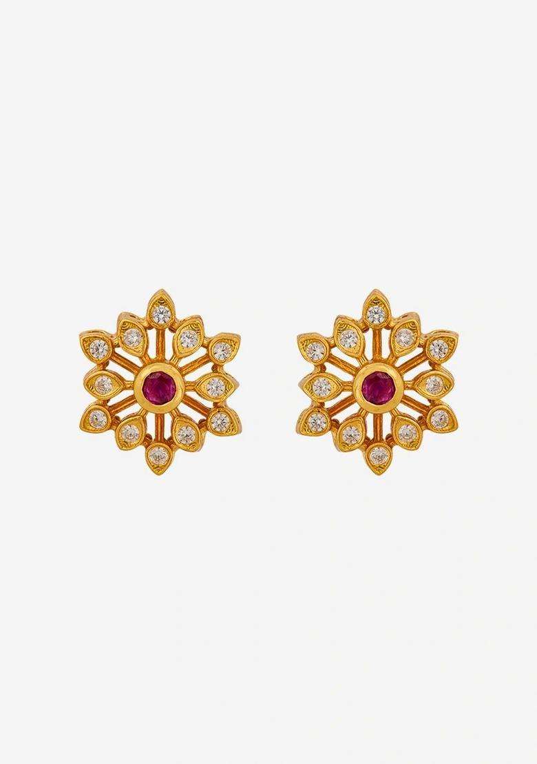 Gold-Plated Floral Studs Earrings for Women | Traditional Temple Jewellery for Wedding & Festive Wear | Gift for Her - Indya