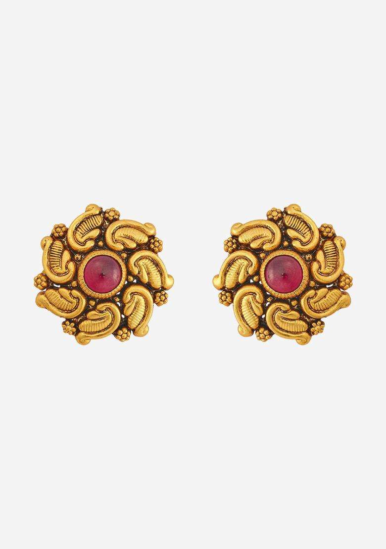 Embellished 92.5 Gold-Plated Temple Studs Earrings for Women | Traditional Temple Jewellery for Wedding & Festive Wear | Gift for Her - Indya