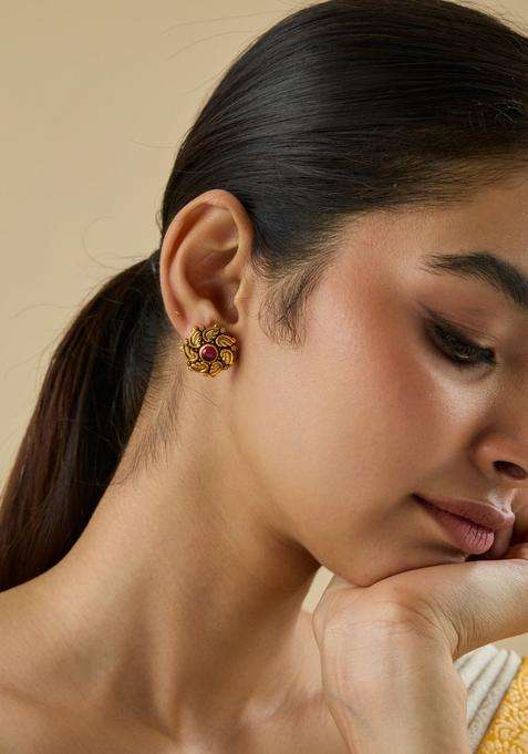 Embellished 92.5 Gold-Plated Temple Studs Earrings for Women | Traditional Temple Jewellery for Wedding & Festive Wear | Gift for Her