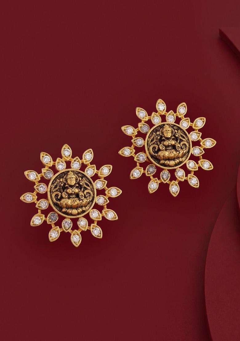 White Circular Studs Gold-Plated Zircon Party Earrings with CZ Stone for Women | Traditional Temple Jewellery for Wedding & Festive Wear | Gift for Her - Indya