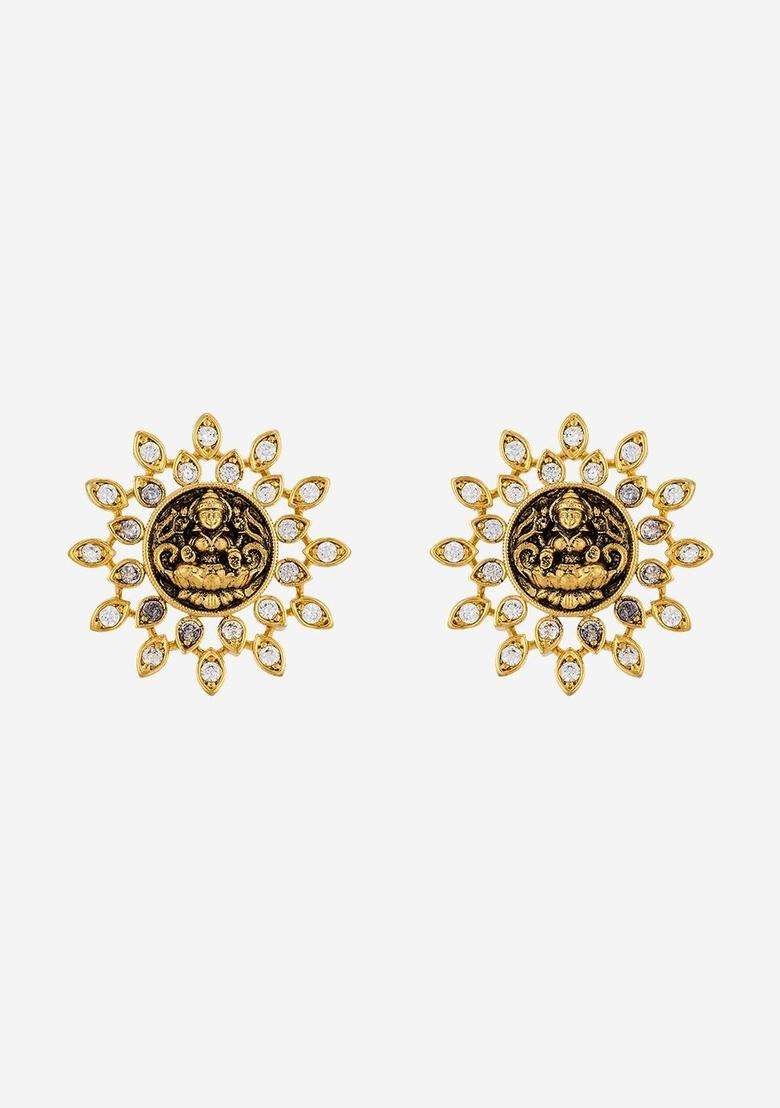 White Circular Studs Gold-Plated Zircon Party Earrings with CZ Stone for Women | Traditional Temple Jewellery for Wedding & Festive Wear | Gift for Her - Indya
