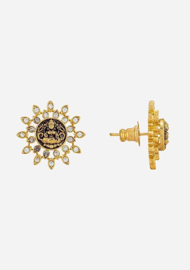 White Circular Studs Gold-Plated Zircon Party Earrings with CZ Stone for Women | Traditional Temple Jewellery for Wedding & Festive Wear | Gift for Her - Indya