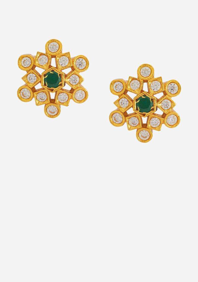 Embellished Bridal 92.5 Gold-Plated Zircon Stone Studded Studs for Women | Traditional Temple Jewellery for Wedding & Festive Wear | Gift for Her - Indya