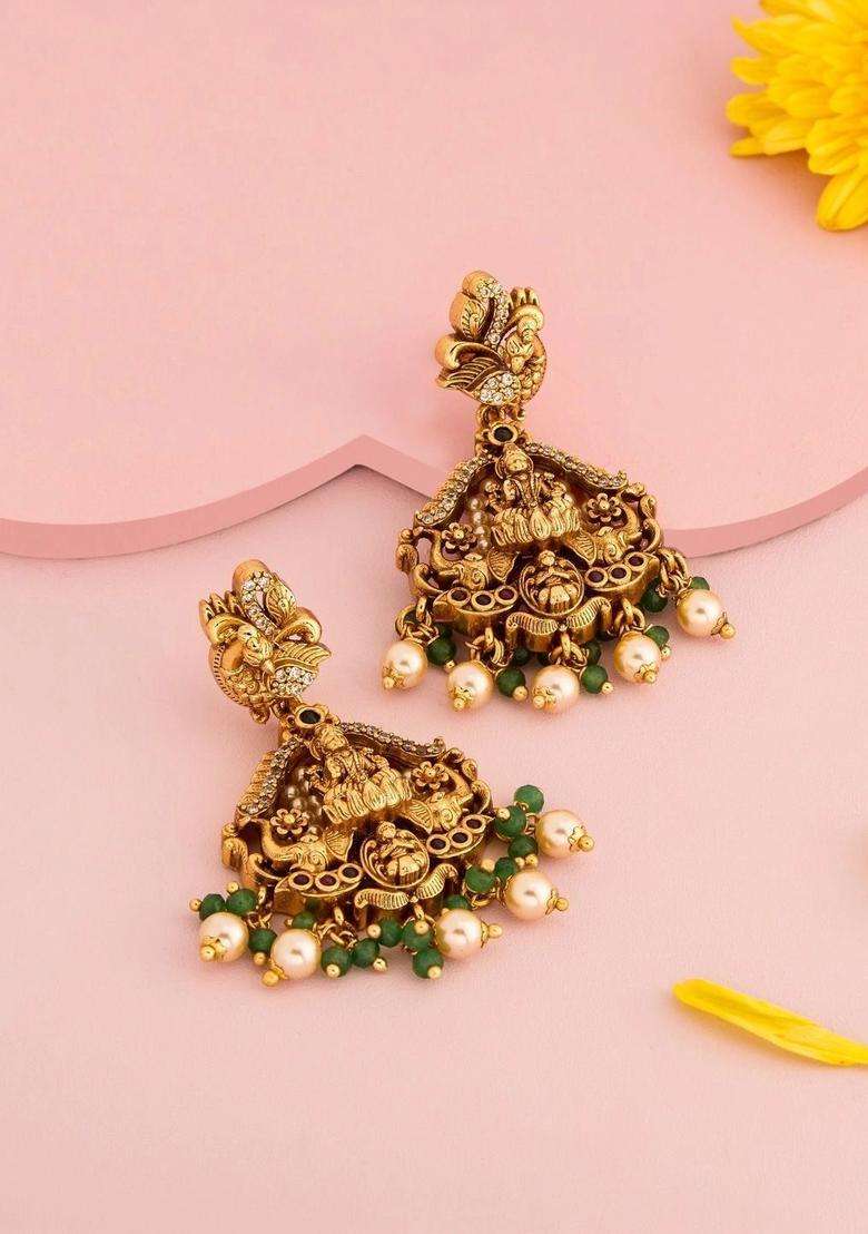 Gold-Plated Geometric Jhumkas Earrings for Women | Traditional Temple Jewellery for Wedding & Festive Wear | Gift for Her - Indya