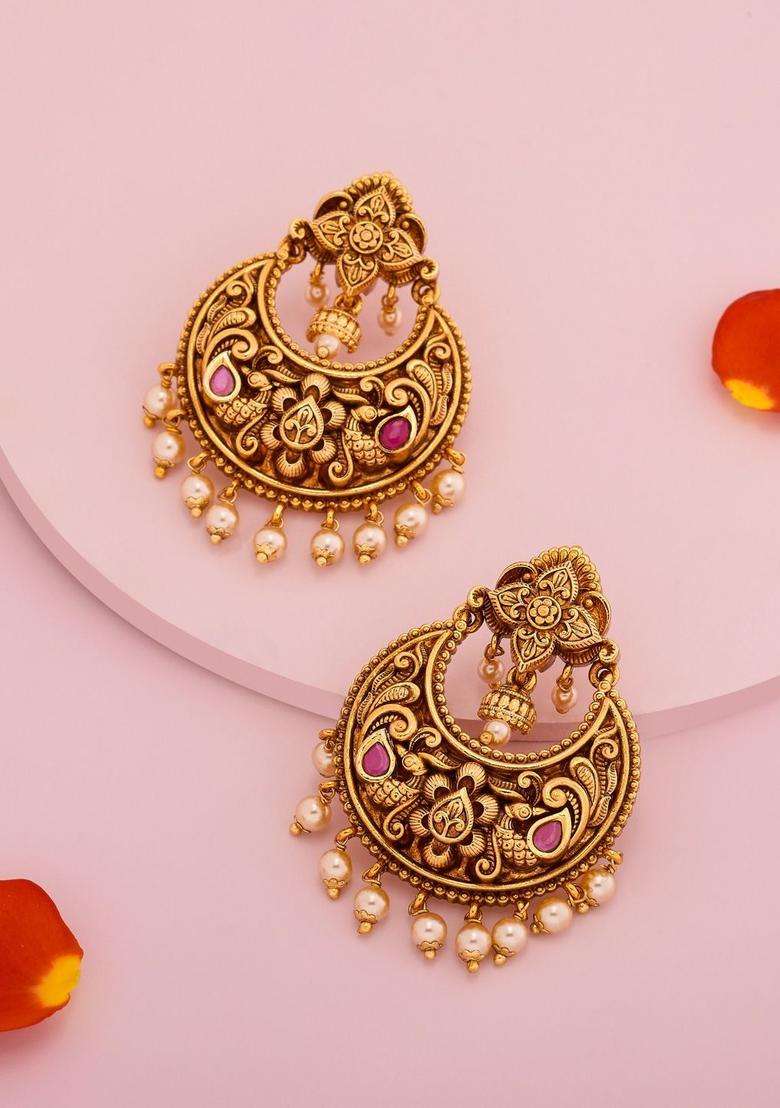 Crescent Shaped Chandbalis Gold-Plated Ruby Earrings for Women | Traditional Temple Jewellery for Wedding & Festive Wear | Gift for Her - Indya