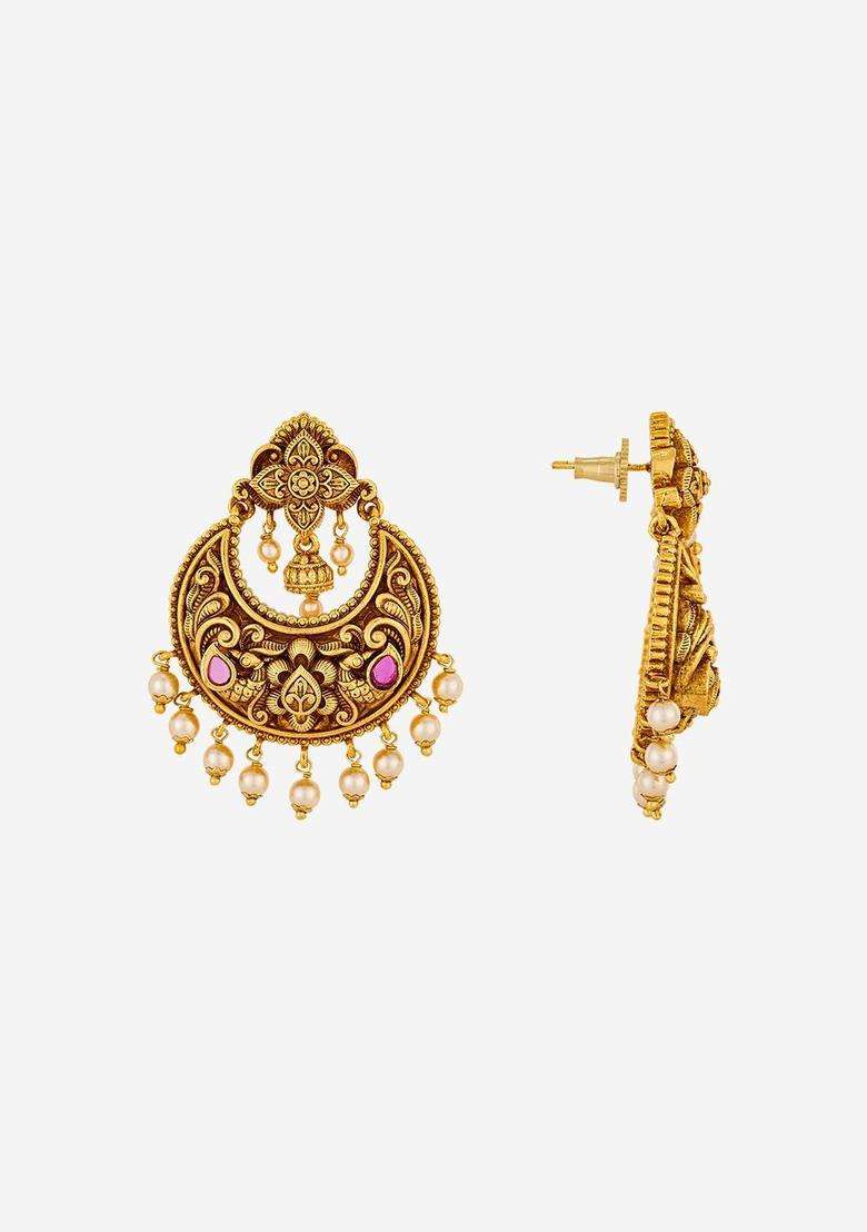 Crescent Shaped Chandbalis Gold-Plated Ruby Earrings for Women | Traditional Temple Jewellery for Wedding & Festive Wear | Gift for Her - Indya