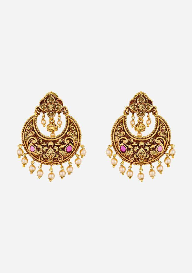 Crescent Shaped Chandbalis Gold-Plated Ruby Earrings for Women | Traditional Temple Jewellery for Wedding & Festive Wear | Gift for Her - Indya