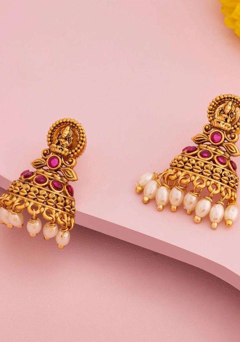 Dome Shaped Jhumkas Gold-Plated Ruby Stud Ethnic Earrings for Women | Traditional Temple Jewellery for Wedding & Festive Wear | Gift for Her - Indya