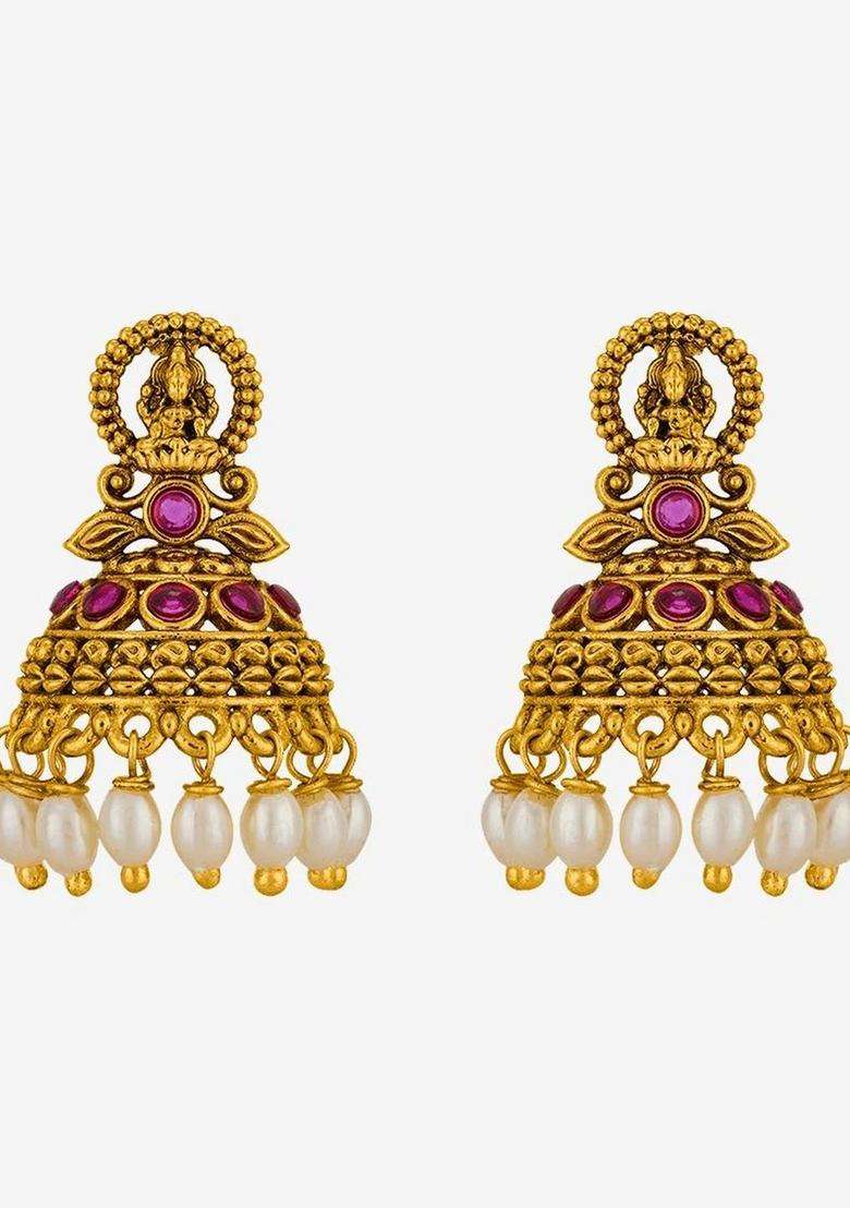 Dome Shaped Jhumkas Gold-Plated Ruby Stud Ethnic Earrings for Women | Traditional Temple Jewellery for Wedding & Festive Wear | Gift for Her - Indya