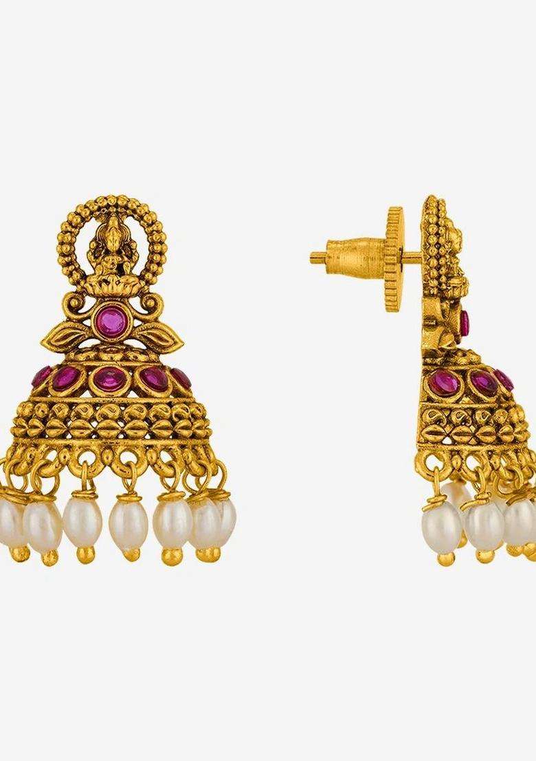 Dome Shaped Jhumkas Gold-Plated Ruby Stud Ethnic Earrings for Women | Traditional Temple Jewellery for Wedding & Festive Wear | Gift for Her - Indya