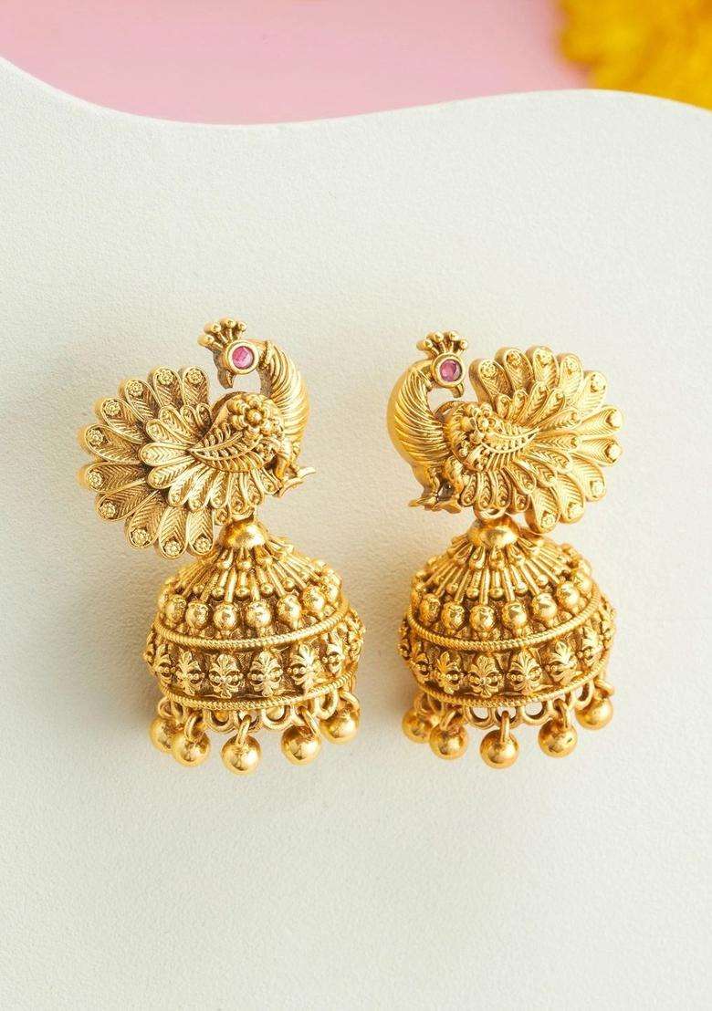 Gold-Plated Peacock Shaped Jhumkas Earrings for Women | Traditional Temple Jewellery for Wedding & Festive Wear | Gift for Her - Indya