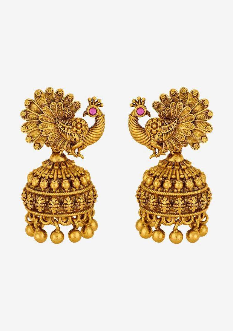 Gold-Plated Peacock Shaped Jhumkas Earrings for Women | Traditional Temple Jewellery for Wedding & Festive Wear | Gift for Her - Indya