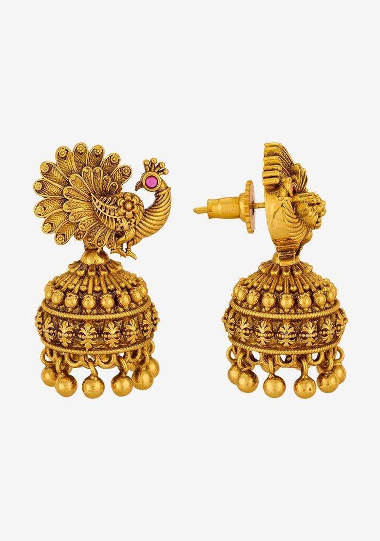 Gold-Plated Peacock Shaped Jhumkas Earrings for Women | Traditional Temple Jewellery for Wedding & Festive Wear | Gift for Her - Indya
