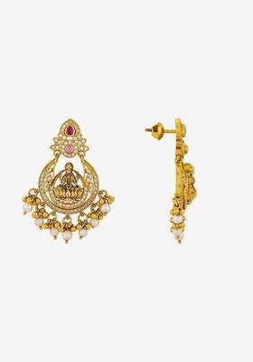 Gold-Plated Crescent Shaped Artificial Studded Drop Earrings for Women | Traditional Temple Jewellery for Wedding & Festive Wear | Gift for Her