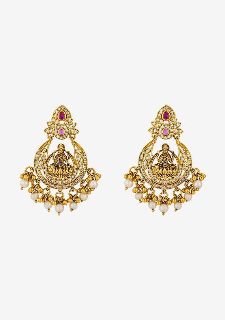 Gold-Plated Crescent Shaped Artificial Studded Drop Earrings for Women | Traditional Temple Jewellery for Wedding & Festive Wear | Gift for Her - Indya