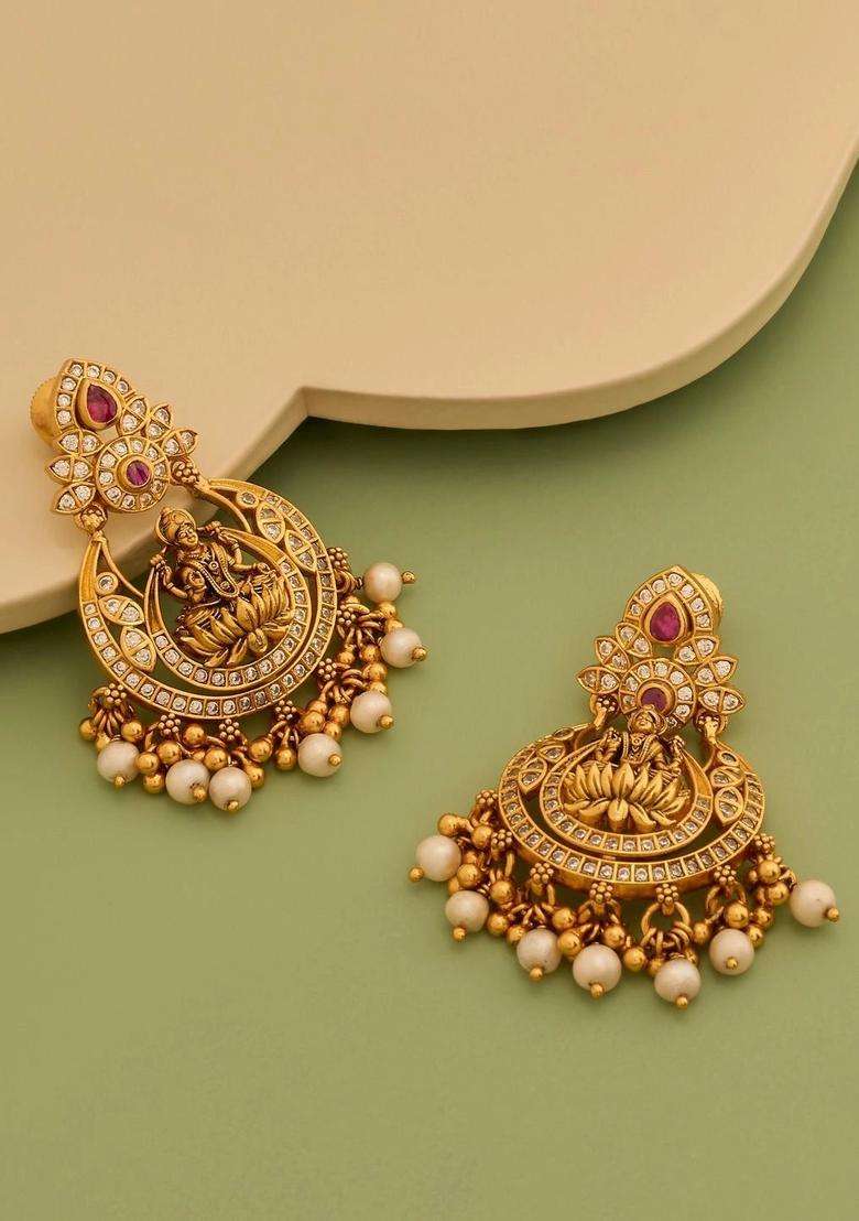Gold-Plated Crescent Shaped Artificial Studded Drop Earrings for Women | Traditional Temple Jewellery for Wedding & Festive Wear | Gift for Her - Indya