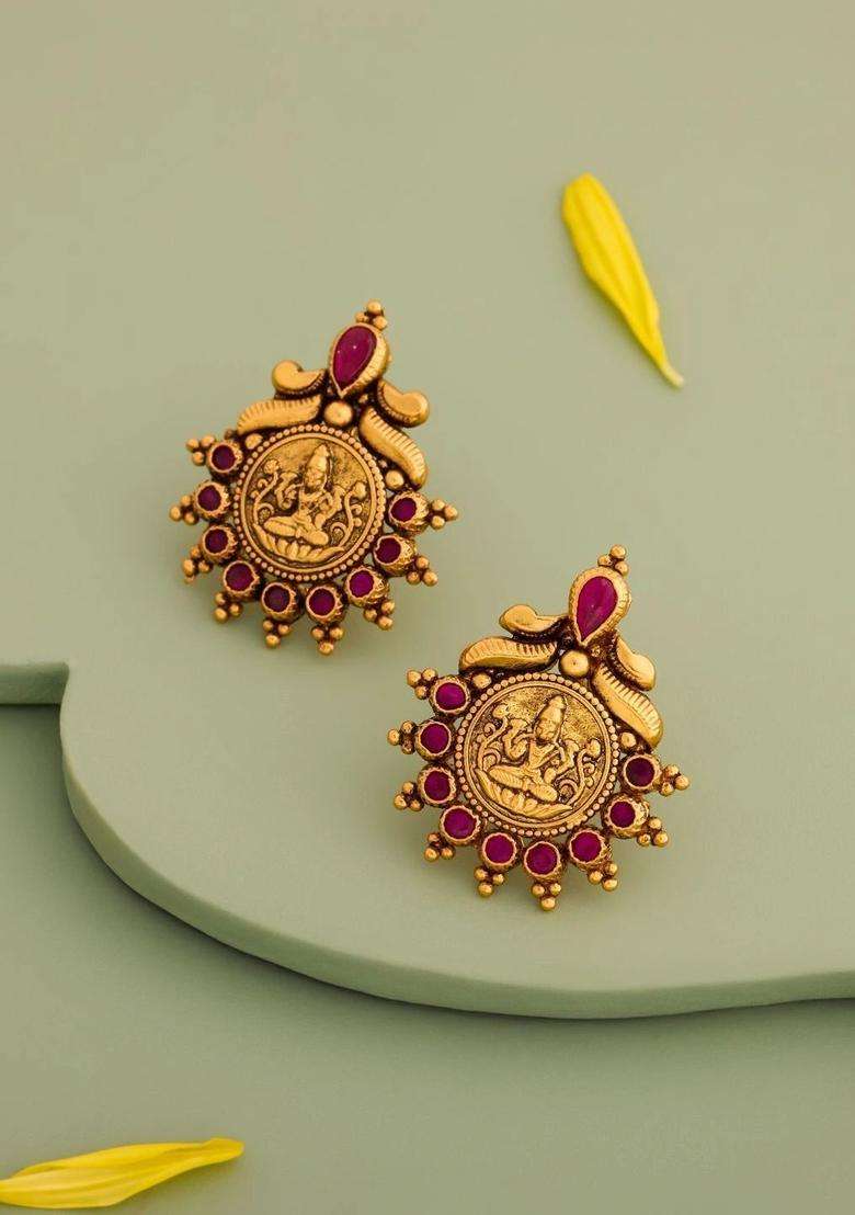 Circular Studs Gold-Plated Ruby Casual Earrings for Women | Traditional Temple Jewellery for Wedding & Festive Wear | Gift for Her - Indya