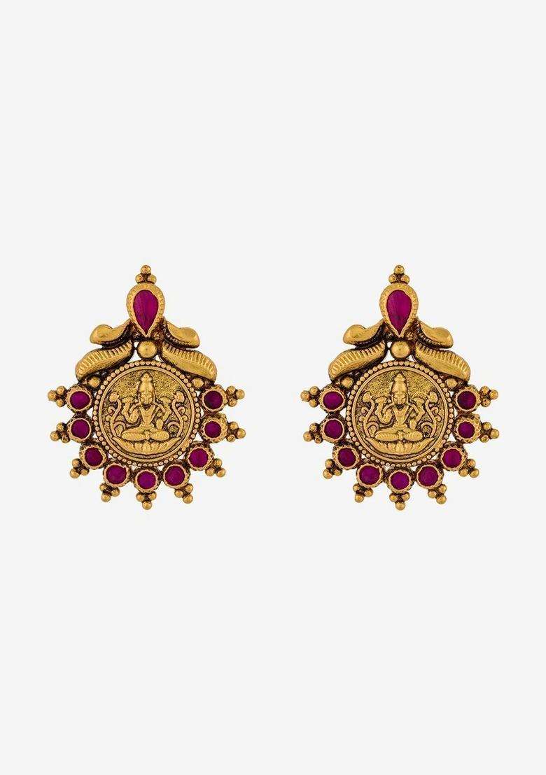 Circular Studs Gold-Plated Ruby Casual Earrings for Women | Traditional Temple Jewellery for Wedding & Festive Wear | Gift for Her - Indya
