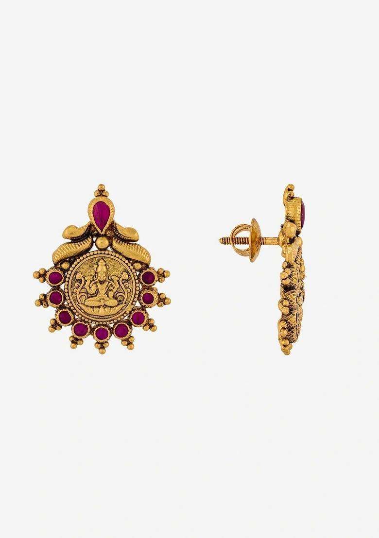 Circular Studs Gold-Plated Ruby Casual Earrings for Women | Traditional Temple Jewellery for Wedding & Festive Wear | Gift for Her - Indya