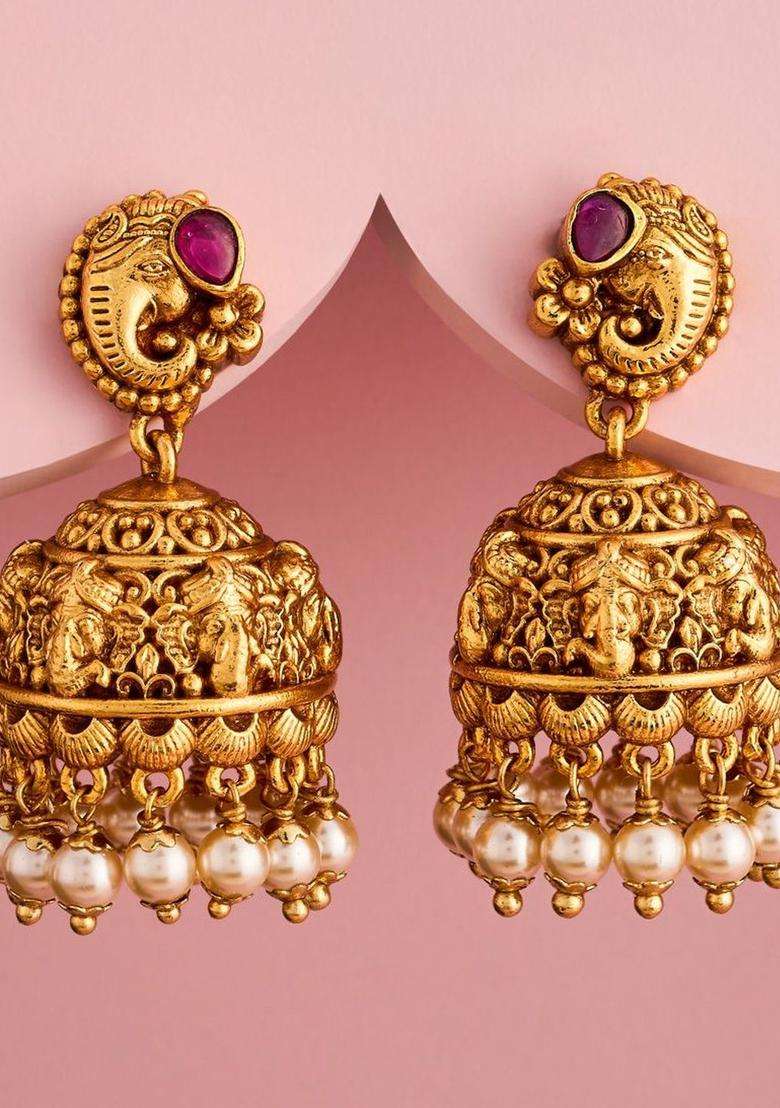 Circular Jhumkas Gold-Plated Ruby Ethnic Earrings for Women | Traditional Temple Jewellery for Wedding & Festive Wear | Gift for Her - Indya